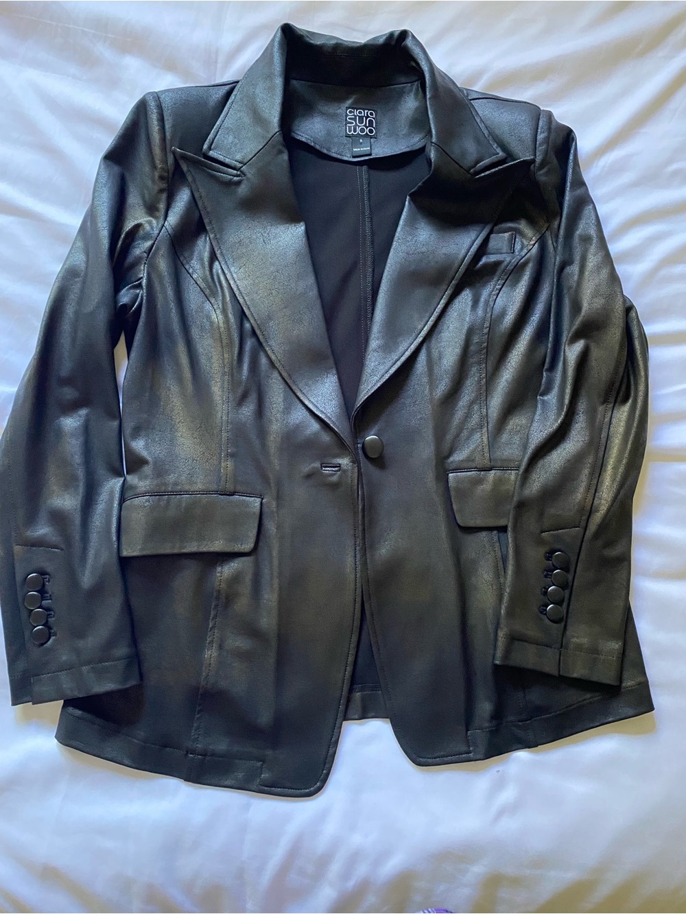 CLARA SUNWOO Black Liquid Leather Blazer Jacket with Notch Lapel